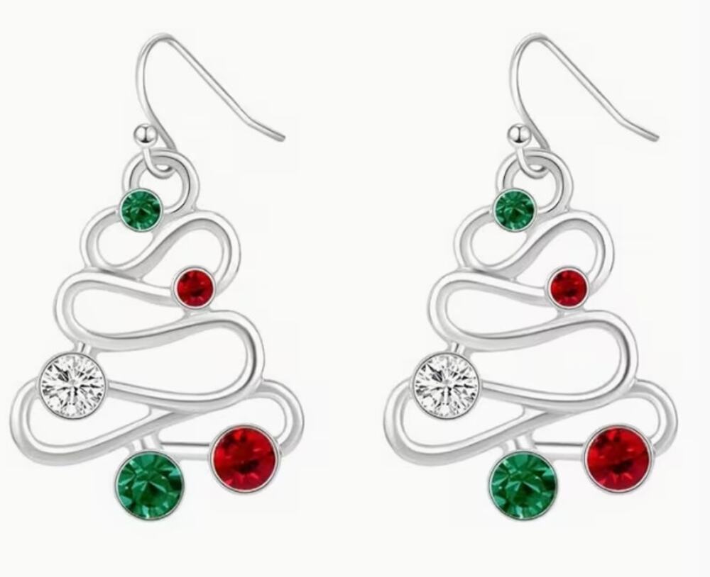 Silver Tone Christmas Tree Earrings with Red Green & Clear Stones